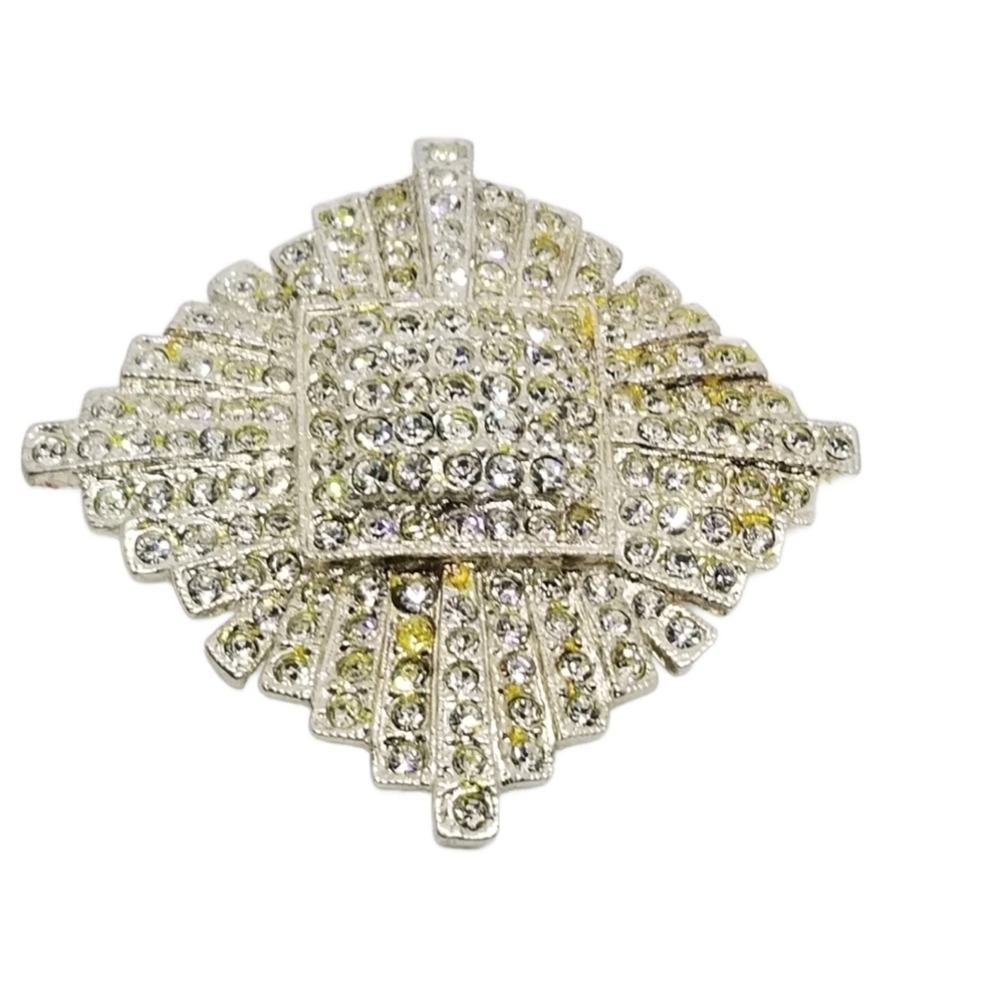 ROMAN CO. VINTAGE 1970s ART DECO REVIVAL STYLE SILVERTONE & CRYSTAL BROOCH - Picture 2 of 4